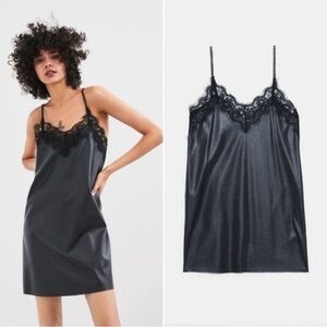 Zara Black Mini Faux Leather Dress with Lace Trim and Sleek Silhouette Sz Small